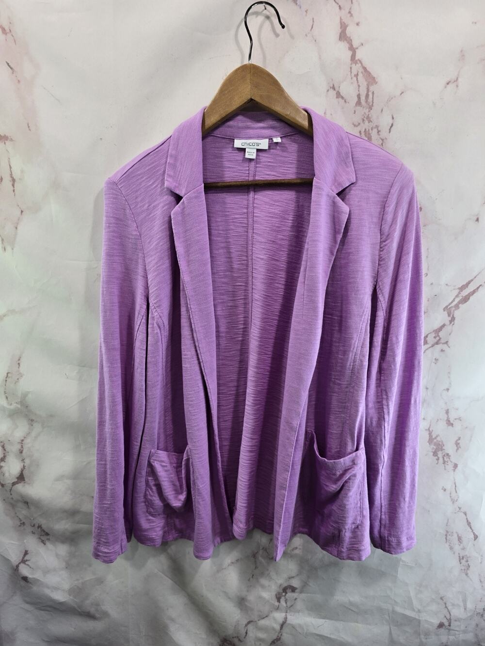 Chicos Cardigan Womens Large 2 Purple Open Front Topper Blazer Shoulder Pads